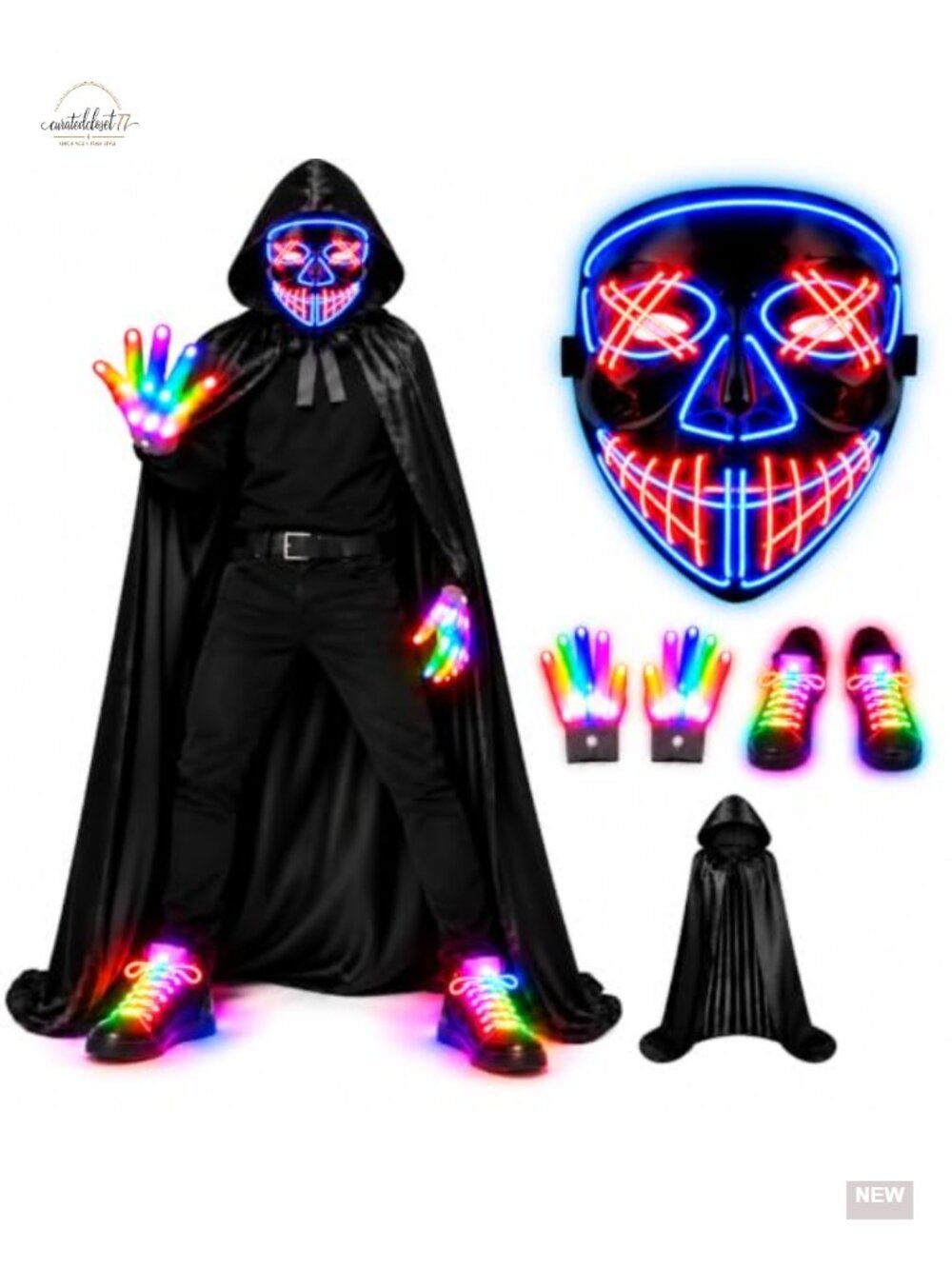 LED Halloween Costume Set Skeleton Mask Gloves Shoelaces Hooded Cloak Adult